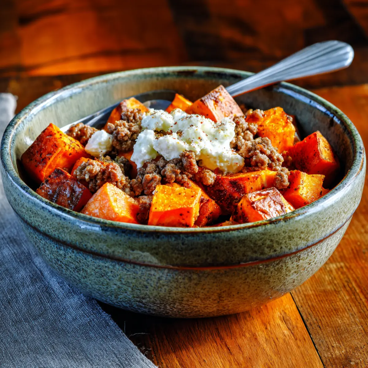 Sweet potato cottage cheese ground beef bowl served in ceramic dish