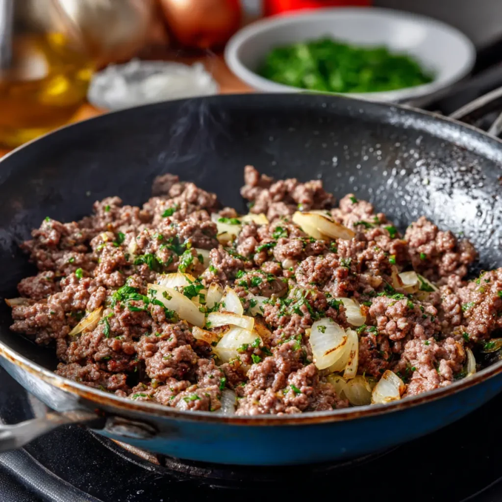 Ground beef cooked with garlic and onions