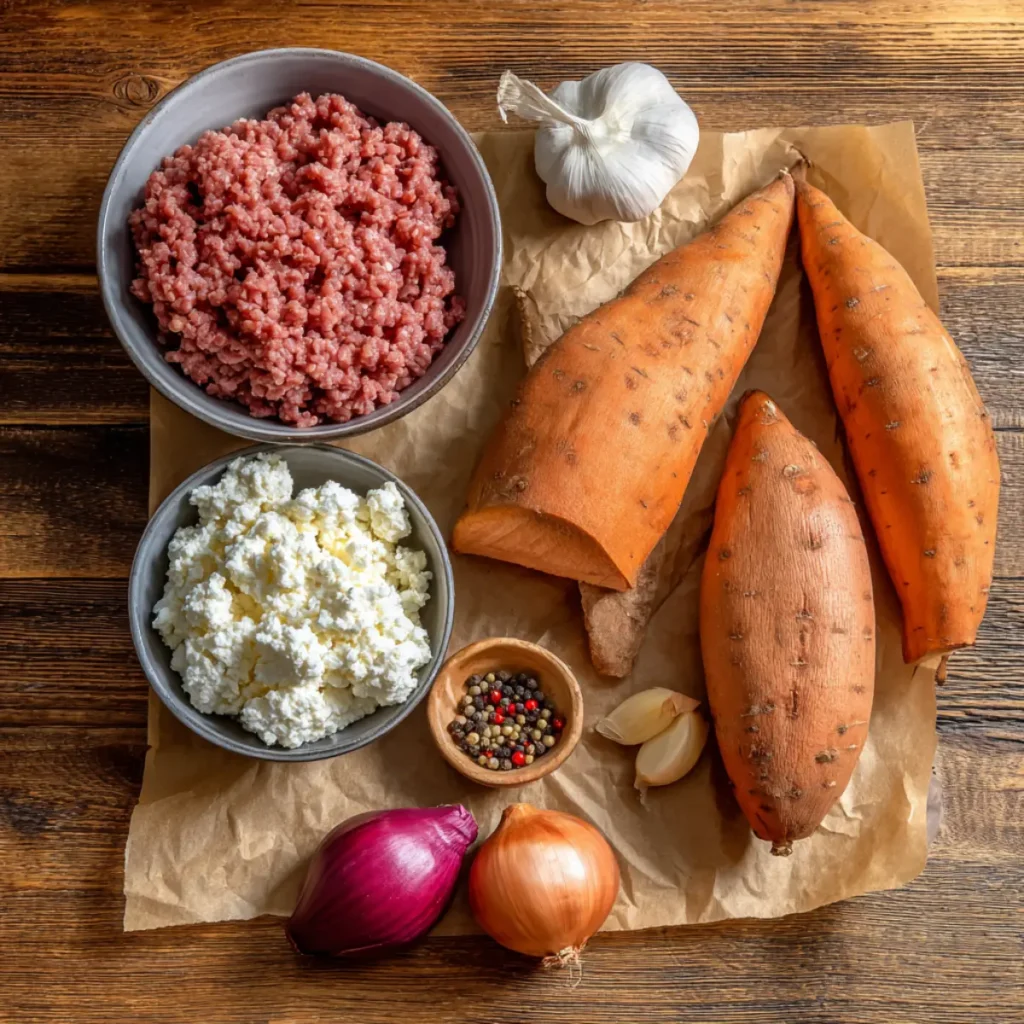 Ingredients for sweet potato cottage cheese ground beef bowl