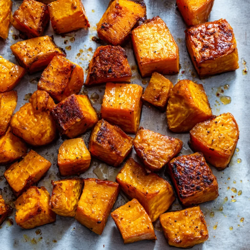 Roasted sweet potatoes with golden edges