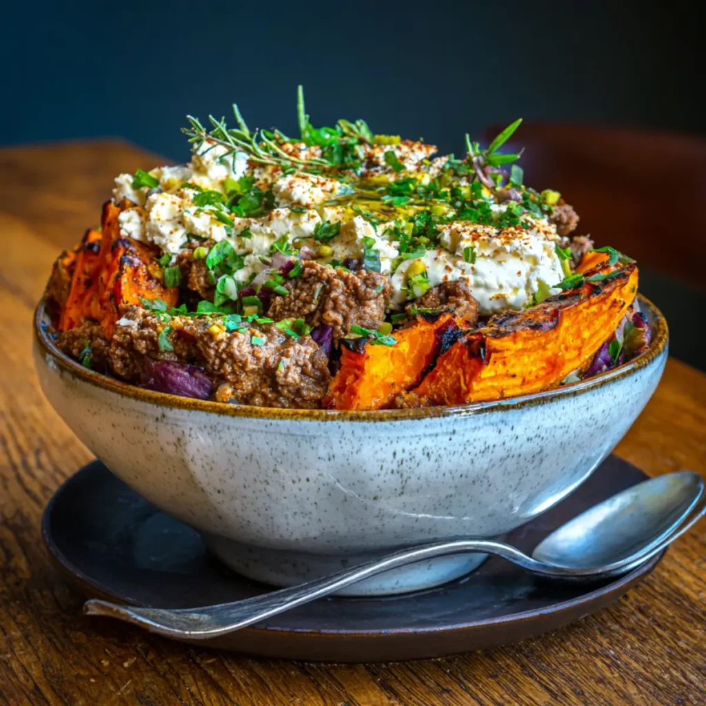 Served sweet potato cottage cheese ground beef bowl