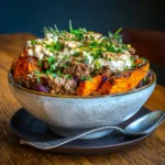 Served sweet potato cottage cheese ground beef bowl