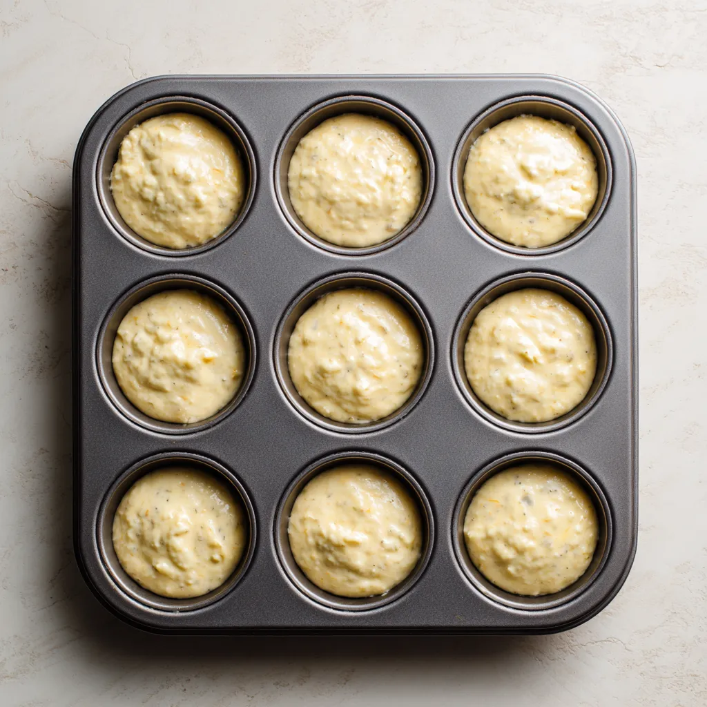 banana cottage cheese muffins in tin before baking
