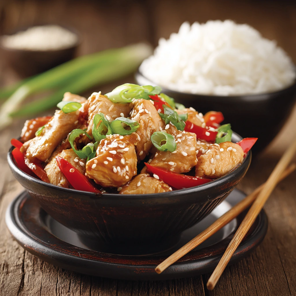 Chicken stir fry garnished and served