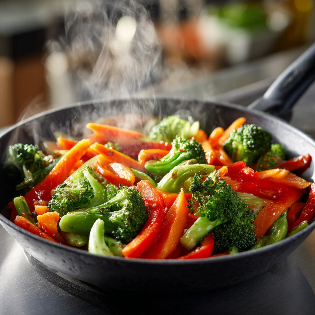 Vegetables stir frying in hot oil