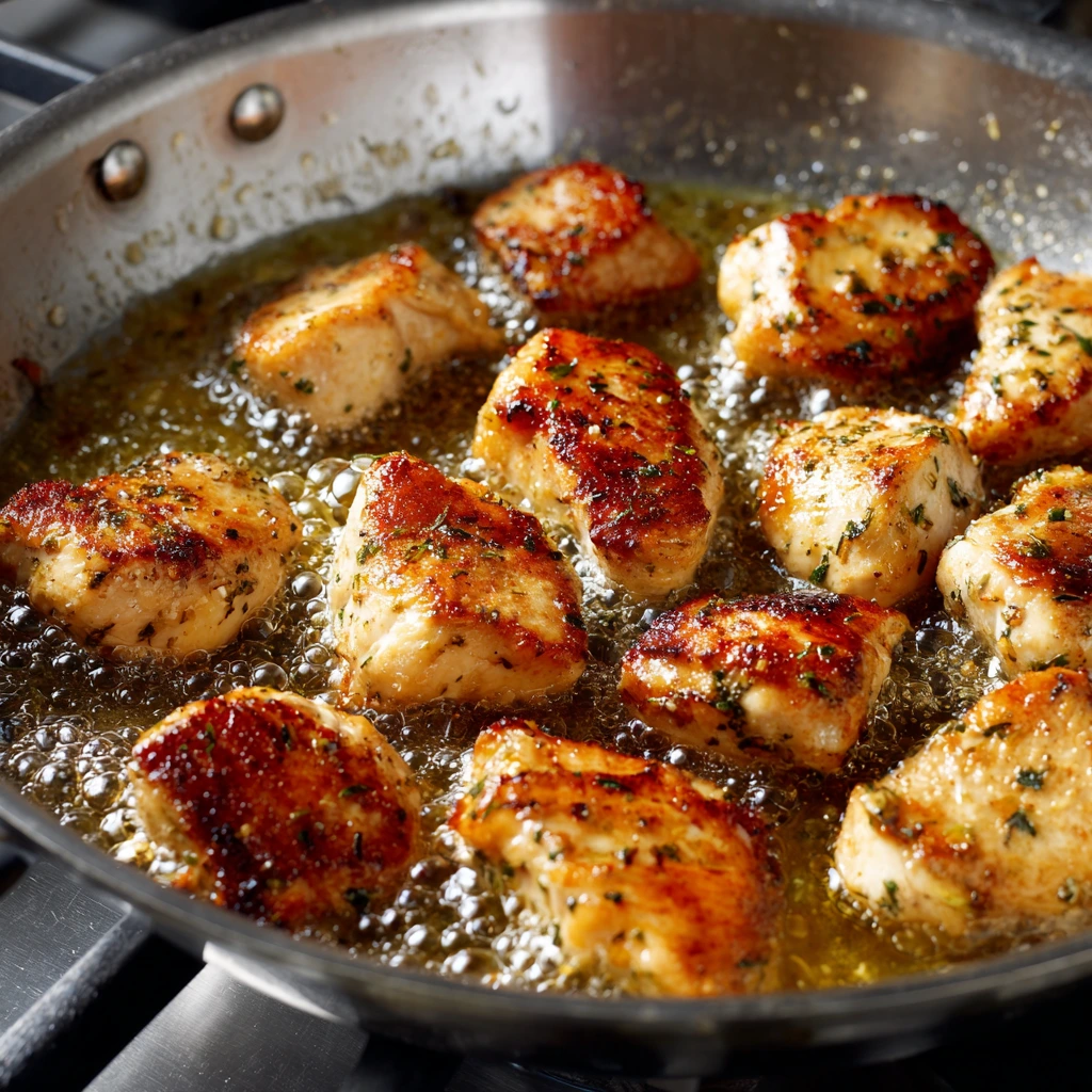 Chicken pieces searing in skillet