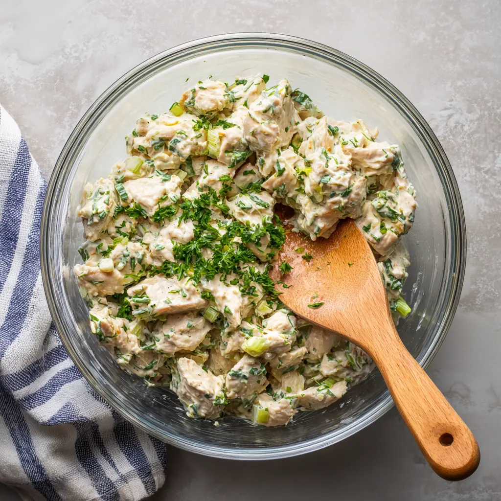 Mixing cottage cheese chicken salad in bowl