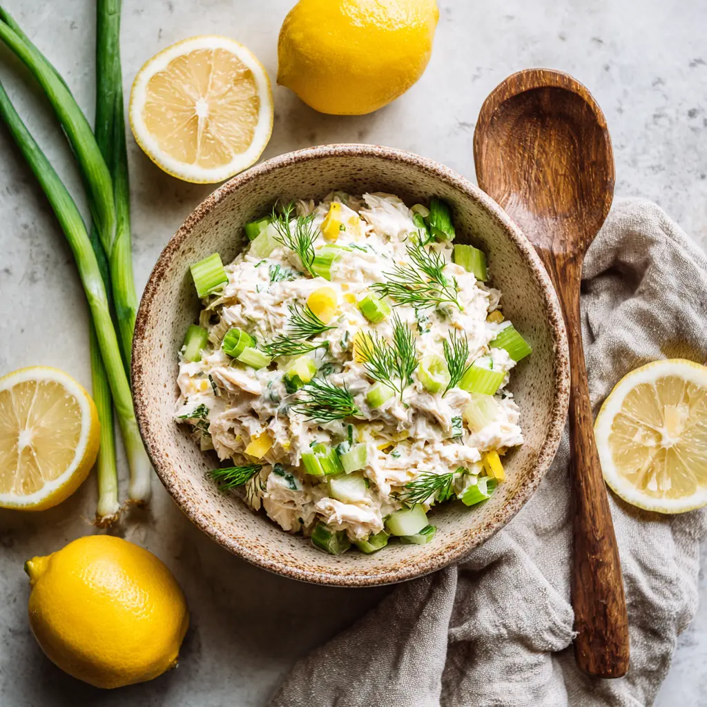 Cottage Cheese Chicken Salad in a rustic bowl