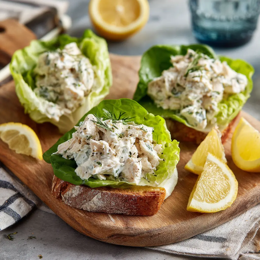 Cottage cheese chicken salad served in lettuce cups