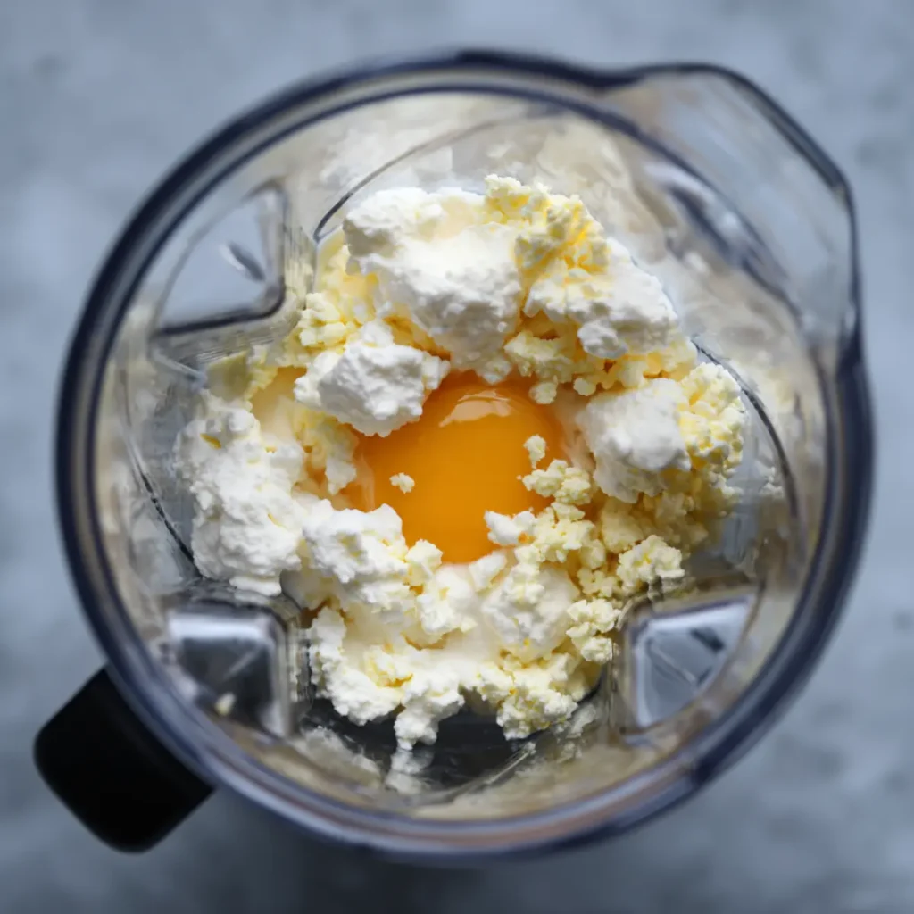 Blending cottage cheese and eggs in a blender jar