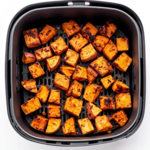 Air fryer with crispy sweet potato cubes inside