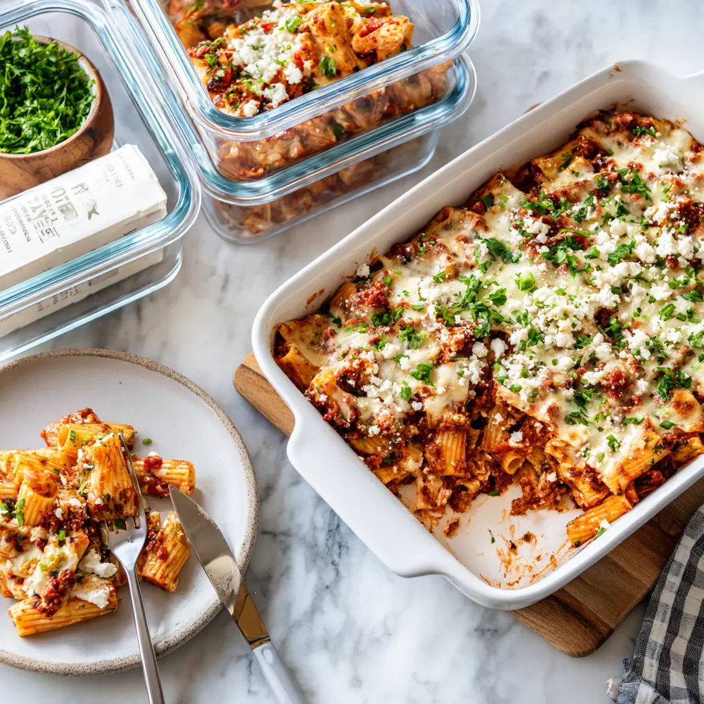 high protein baked ziti fresh out of oven
