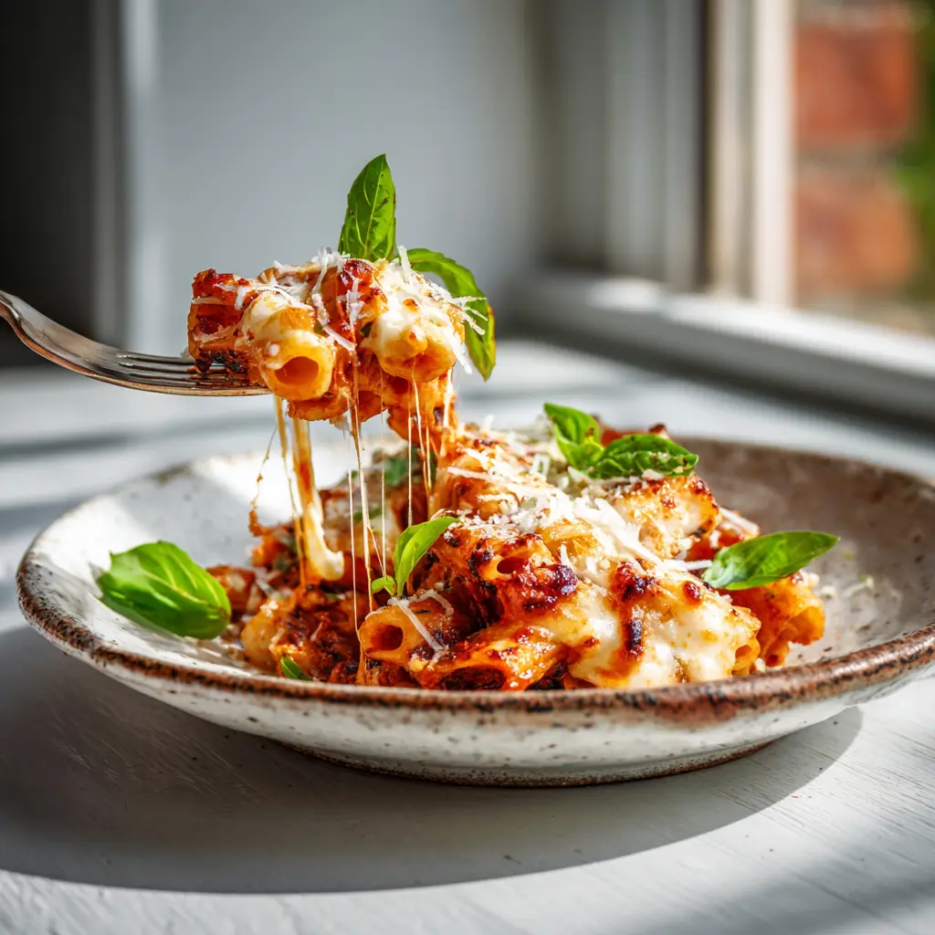 served high protein baked ziti on plate
