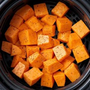 Raw sweet potato cubes in air fryer basket