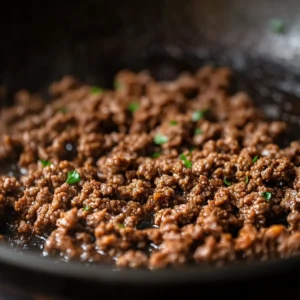 Seasoned ground beef cooking in a skillet