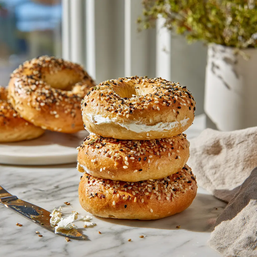 Stack of everything-seasoned protein bagels with cream cheese knife