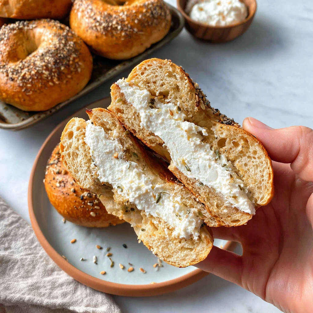 Gluten-free protein bagel sliced and filled with herb cream cheese