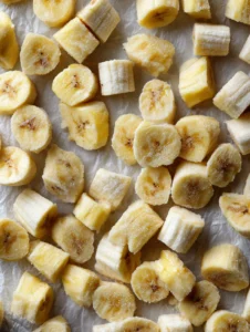 Frozen banana chunks ready for blending or popsicle recipes