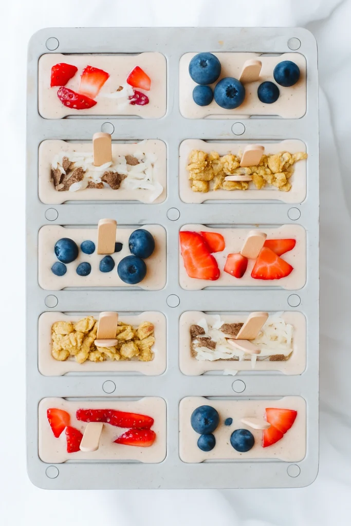 Popsicle molds with chocolate mixture, assorted toppings, and popsicle sticks