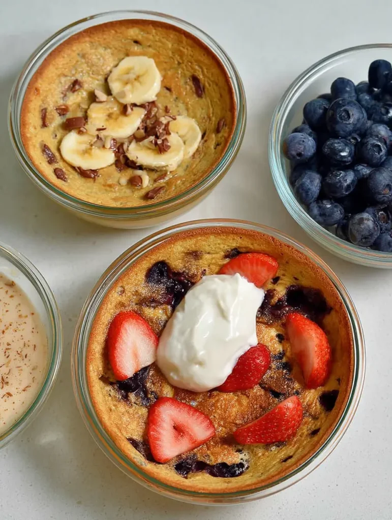 Baked protein pancake bowls topped with bananas, strawberries, blueberries, and yogurt