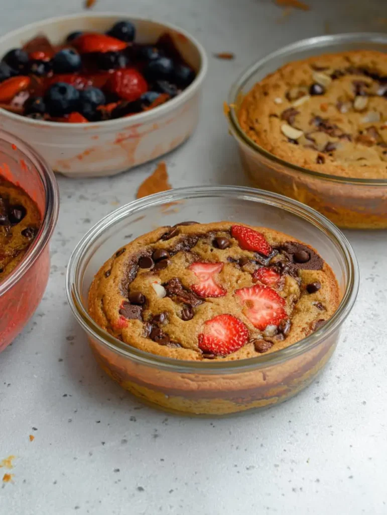 Freshly baked protein pancake bowls with chocolate chips and strawberries