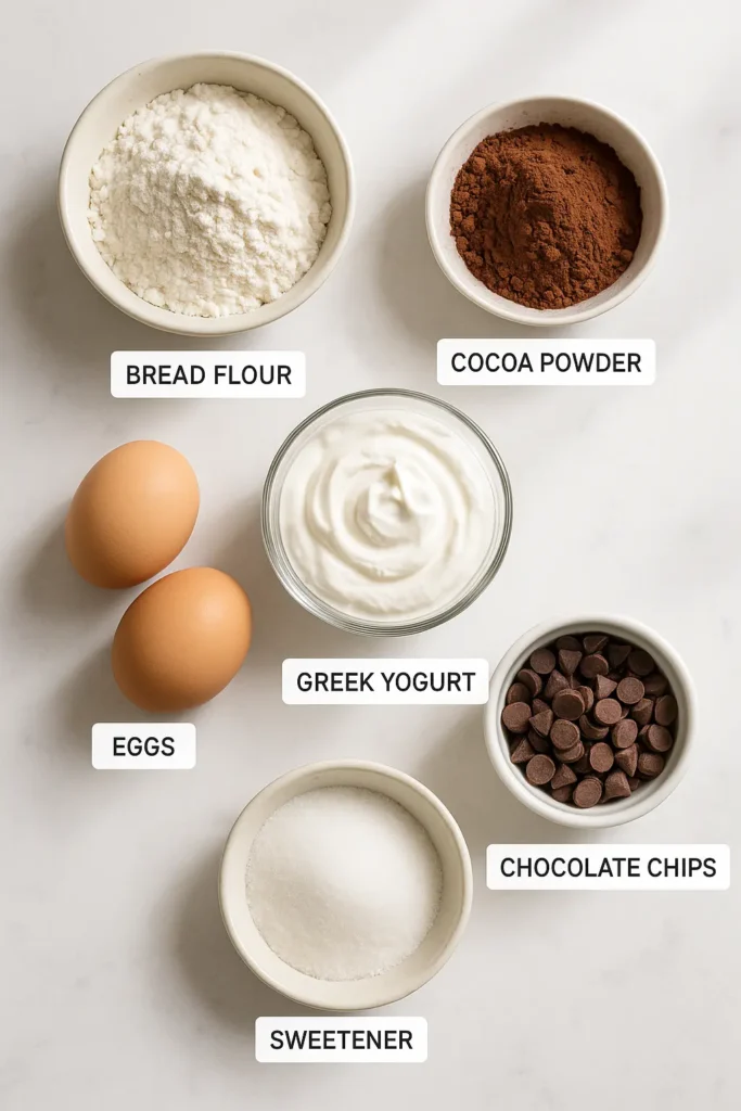chocolate protein bagels ingredients flat lay