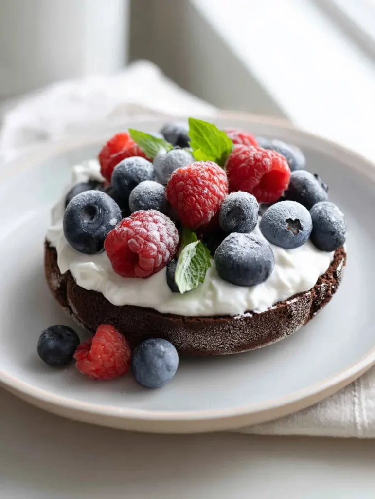 chocolate protein bagel sliced with toppings