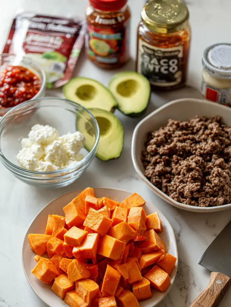 Ingredients for Hot Honey Ground Beef Bowl on a white table