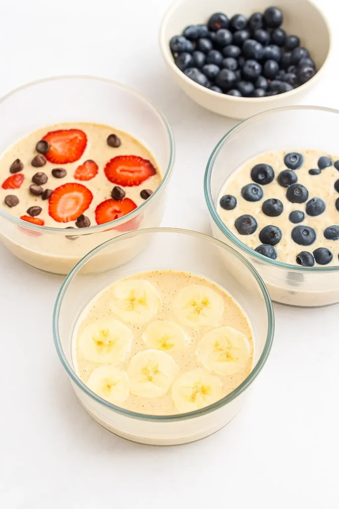 Protein pancake batter in bowls topped with bananas, blueberries, and strawberries with chocolate chips