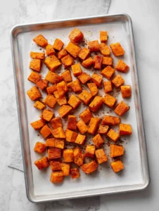 Roasted sweet potatoes for protein bowls on white tray
