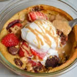 Strawberry protein pancake bowl topped with peanut butter and Greek yogurt