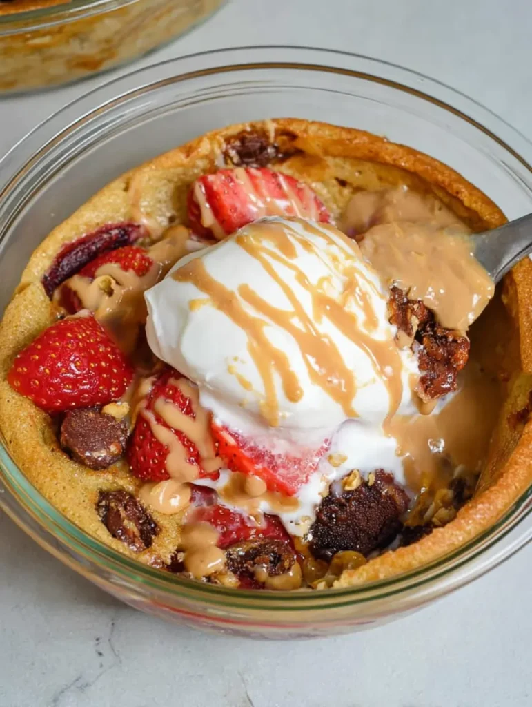 Strawberry protein pancake bowl topped with peanut butter and Greek yogurt