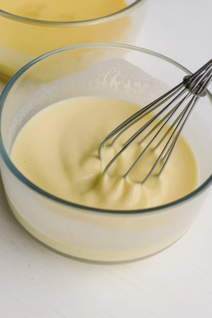 Protein pancake batter in glass bowls with sliced bananas and strawberries nearby
